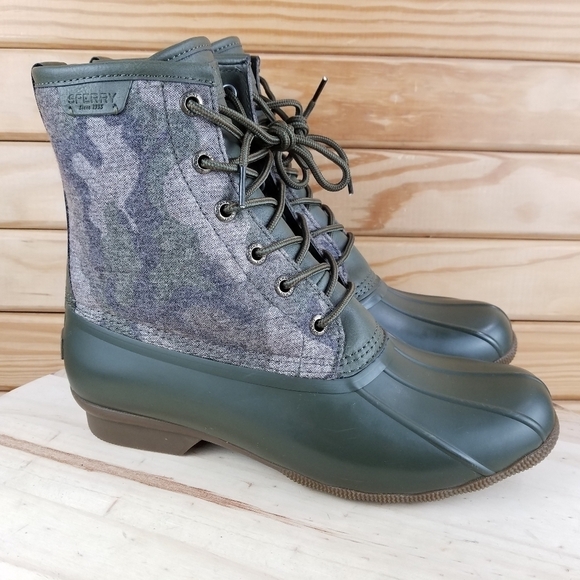 Sperry Top-Sider Men's 8.5 Saltwater Camo Duck Boots Lace-up Green STS23702 NEW - Picture 1 of 10